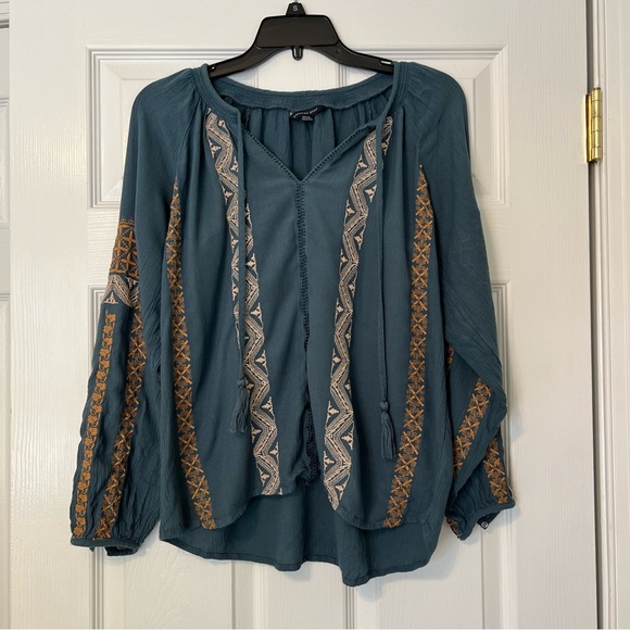 American Eagle Outfitters Tops - American Eagle blue embroidered top tassel tie shirt S